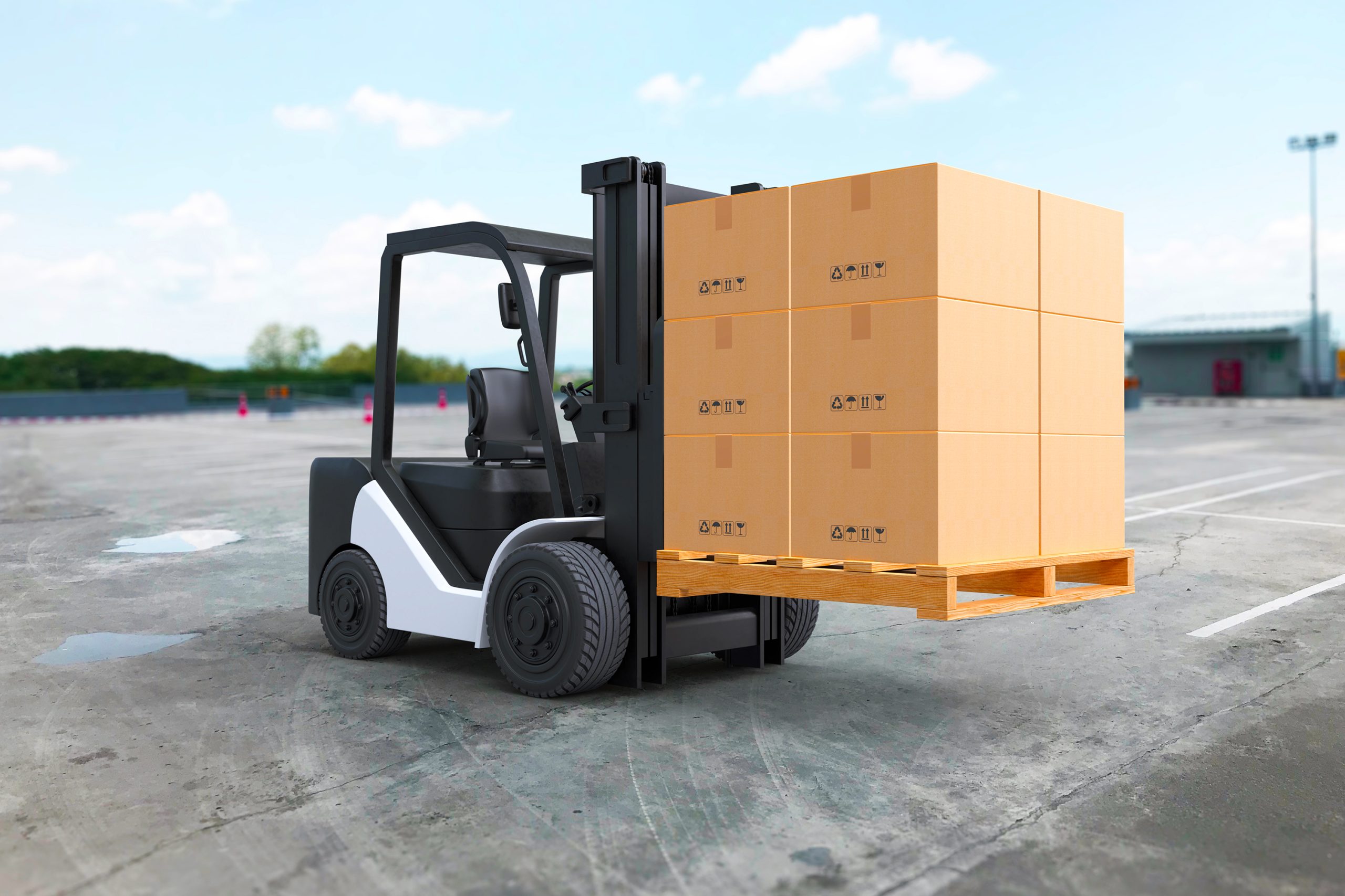 Forklift truck is lifting a pallet with cardboard boxes. 3D illustration